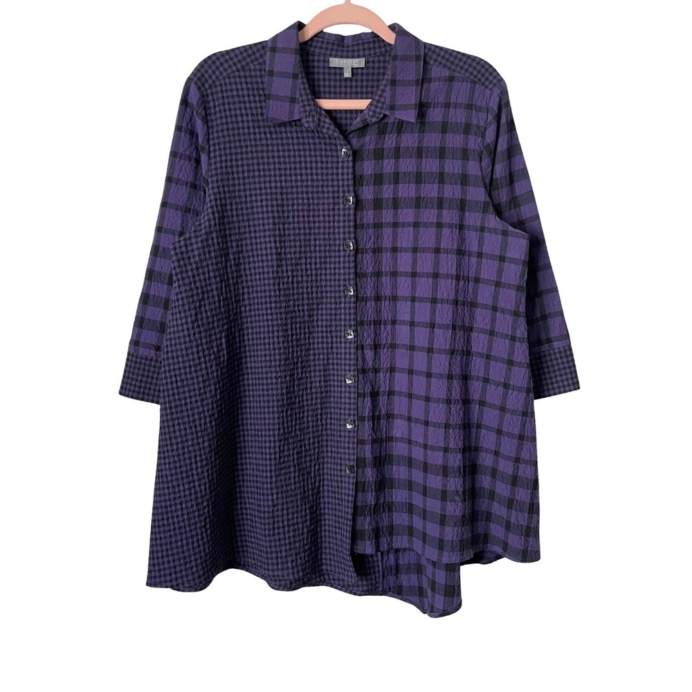 Habitat Top Womens Small Purple Black Plaid Gingham Crinkle Cotton Lagenlook